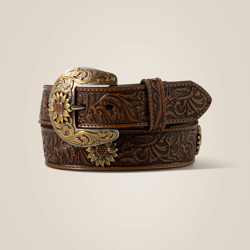 Brown Tooled Leather Belt with Sunflower Embroidery WOMENS SUNFLOWER EMBROIDERED Western Cowgirl Cowboy Leather  main image 2