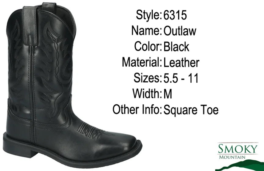 Smoky Mountain Outlaw Black Leather Cowboy Boots 6315