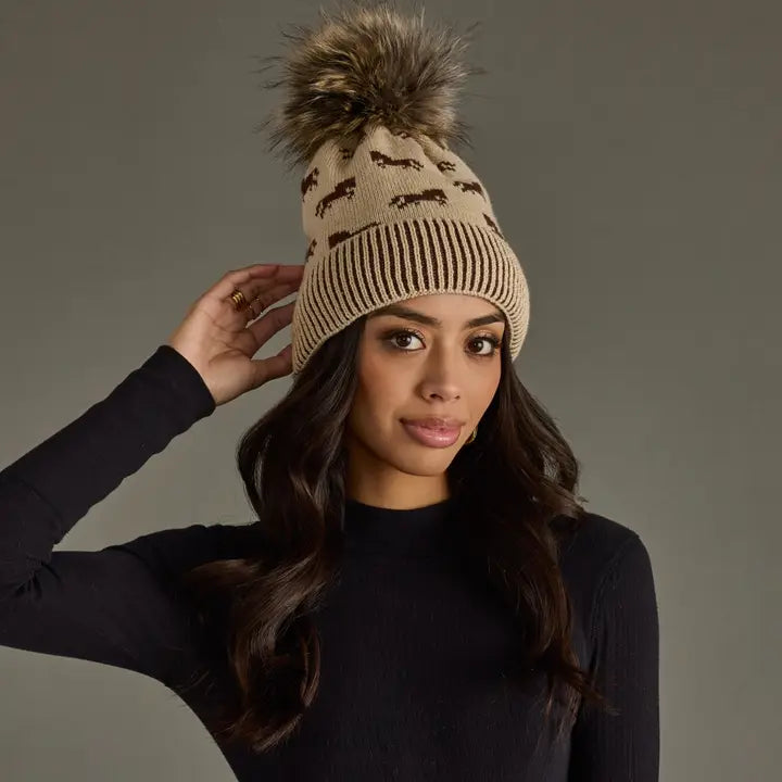 Pom Knit Horse Winter Hat - Tan