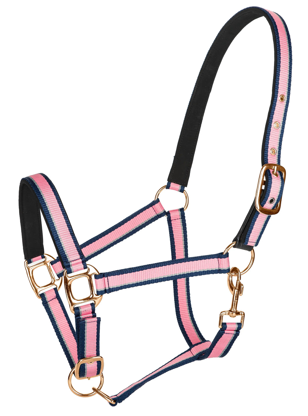 TUFFRIDER ADJUSTABLE NYLON BREAKAWAY HALTER W/ PADDED CROWN AND ROSE GOLD HARDWARE- HOT PINK/NAVY/GRAY