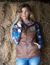 Load image into Gallery viewer, Cowgirl Tough Vest (Brown Mid-weight faux leather with turquoise thread)
