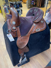 Load image into Gallery viewer, Used 14” Tammy Fisher Purple Crystal Treeless Barrel Saddle #19017
