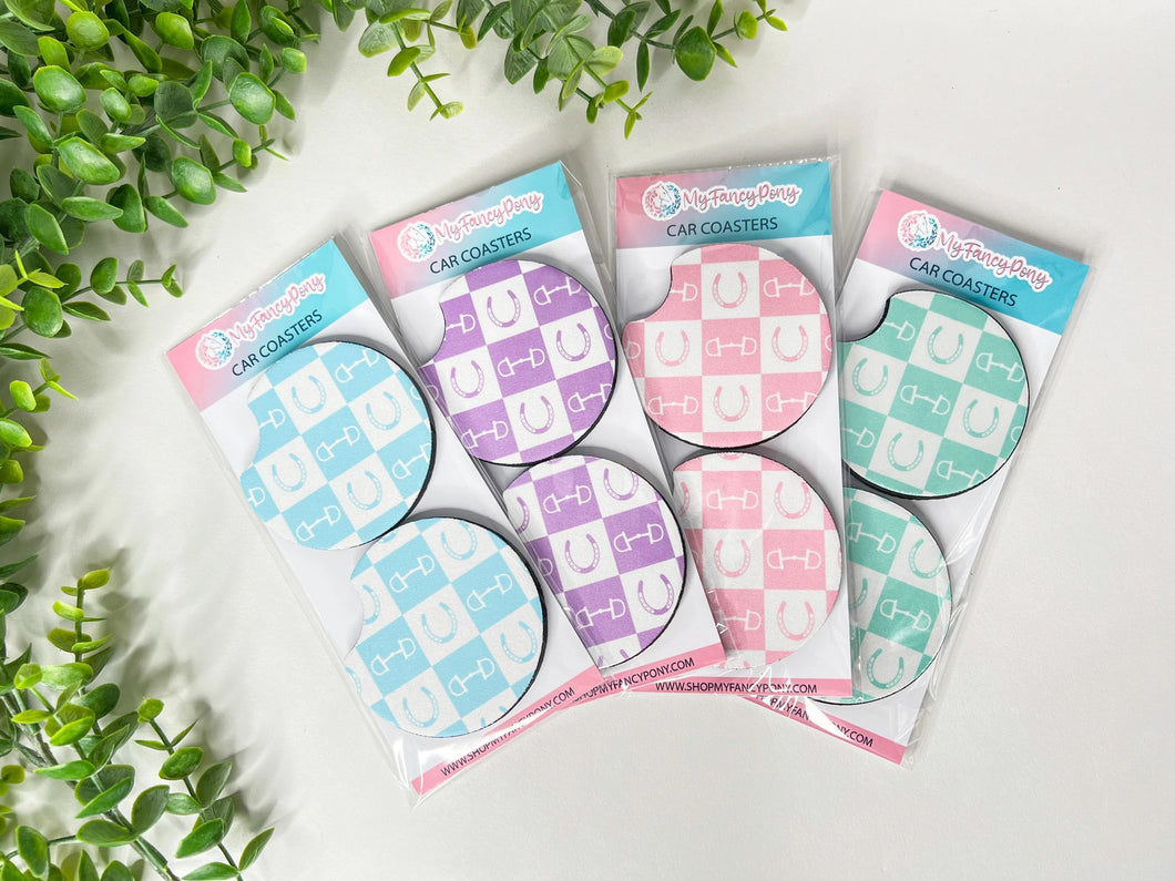 Checkered Equestrian Neoprene Car Coasters – Set of 2