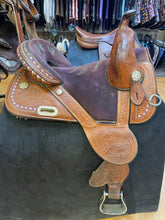 Load image into Gallery viewer, Used 14” Tammy Fisher Purple Crystal Treeless Barrel Saddle #19017
