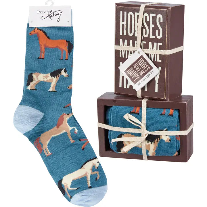 Horses Make Me Happy Box Sign and Sock Set