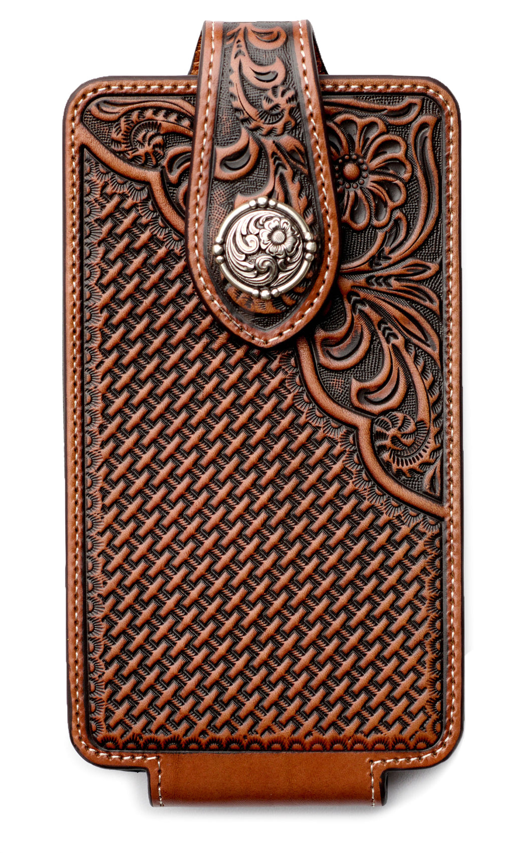 Ariat Chocolate Leather Basket Weave Tooled Large Cell Phone Case Ariat Chocolate Leather Basket Weave Tooled Large Cell Phone Case