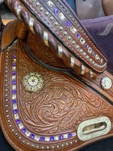 Load image into Gallery viewer, Used 14” Tammy Fisher Purple Crystal Treeless Barrel Saddle #19017
