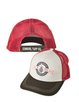 Cowgirl Tuff Trucker Cap. Red, White, And Black With 25th Annniversary Print