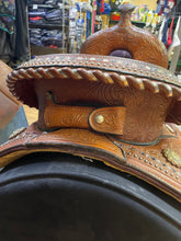 Load image into Gallery viewer, Used 14” Tammy Fisher Purple Crystal Treeless Barrel Saddle #19017
