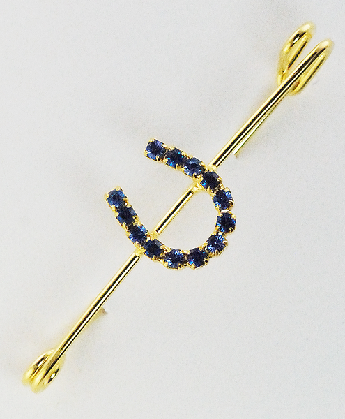 LT.BLUE/SAPPHIRE RHINESTONE HORSESHOE ON MEDIUM STOCK PIN-GOLD FINISH