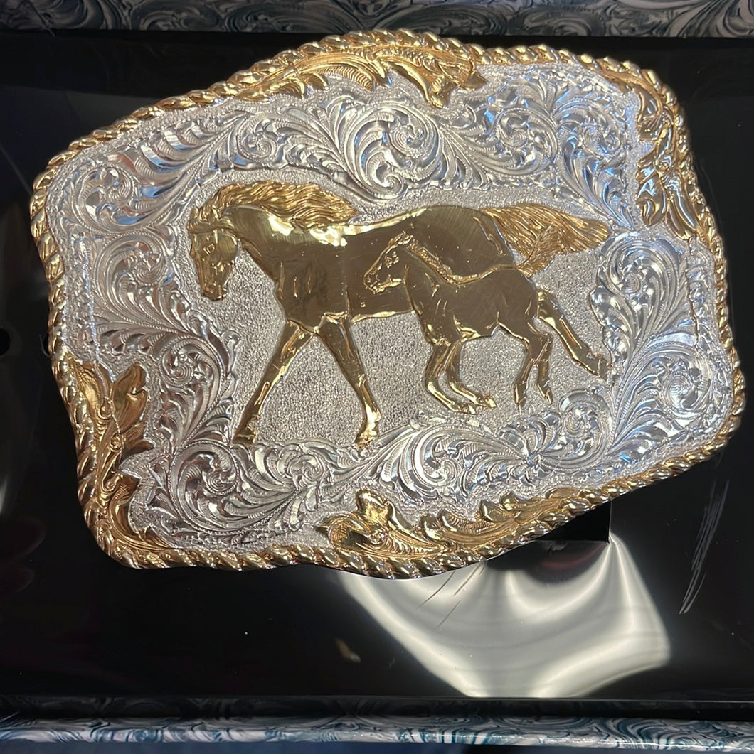 Crumrine Rectangle Mare and Foal Rope Edge Belt Buckle