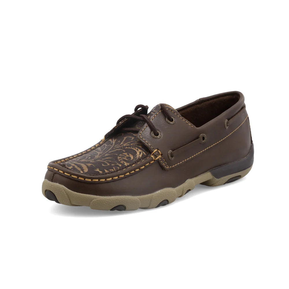 Twisted X Women's Boat Shoe Driving Moc-Brown Embossed Flower